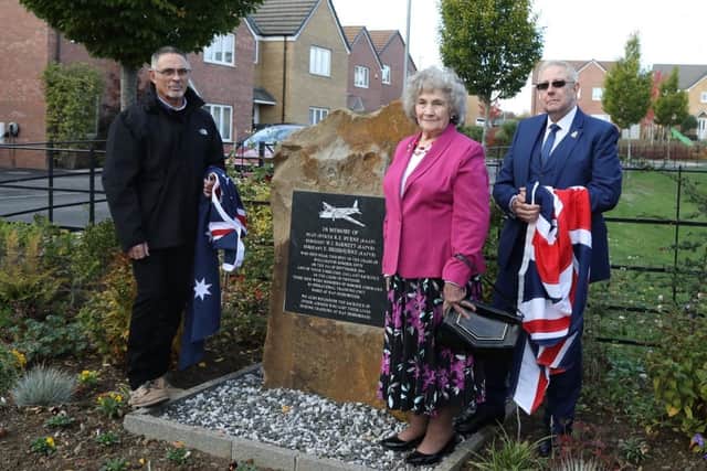 L-r Tony Miller, Jean Jones, and Bill Everatt at the memorial in Desborough's Harrington Road