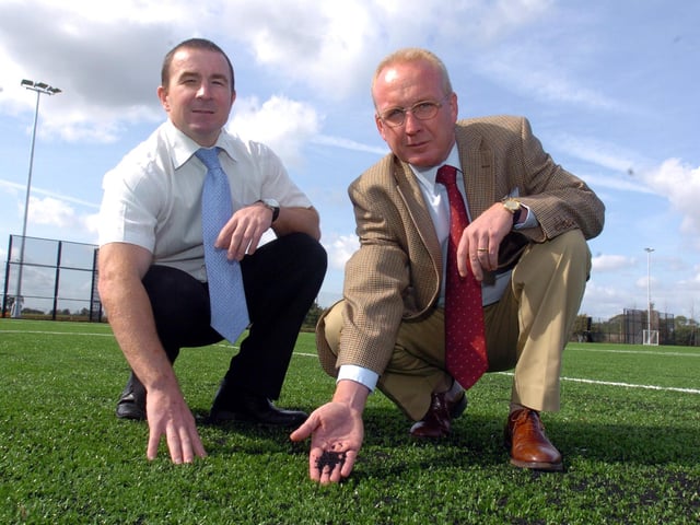 The new all-weather pitch, unveiled in September 2006. Sports centre manager Mark Vaughan and assistant headteacher Martin Jones