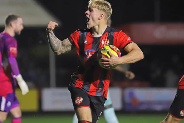 Eddie Panter celebrates netting Kettering's secod goal against Rushall Olympic (Picture: Peter Short)