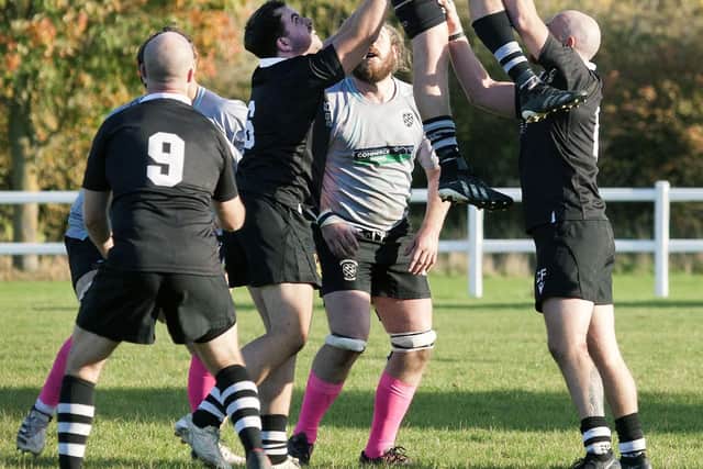 Stewarts & Lloyds win a lineout in their defeat at local rivals Rushden & Higham