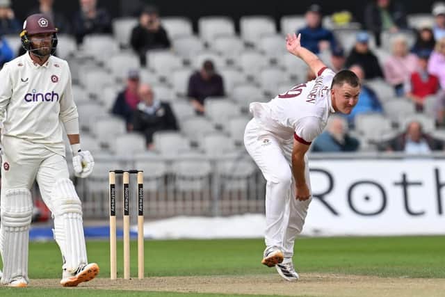 Ben Walkden in action on his Lancashire first-class debut against Northants (Picture: Dan Adams)