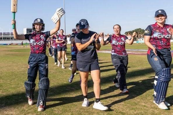 Beth Ascott (left) celebrates after steering Northants Steelbacks Women to their win against Yorkshire on Monday (Picture: nccc.co.uk)