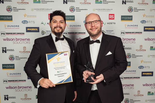Accommodation Concern’s David McClatchey and John Perry receiving the North Northamptonshire Business of the Year Award at the Northamptonshire Business Awards Ceremony