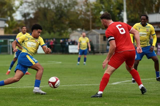 Taylor Franklin on the attack for Wellingborough Town in their 1-0 loss to Coleshill Town on Saturday (Picture: Rib Wobb Photography)
