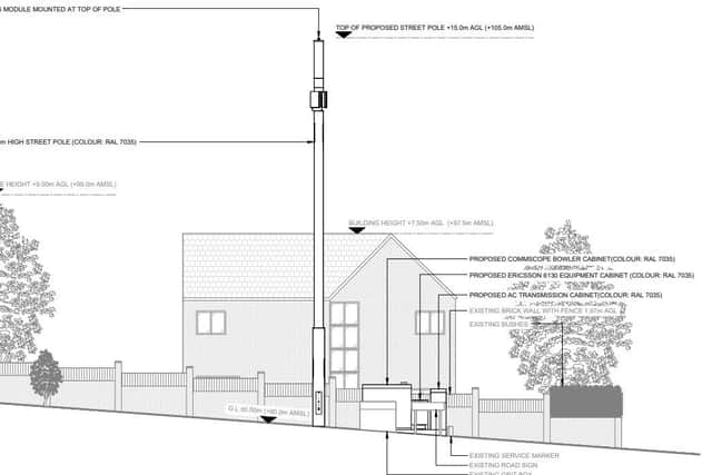 A planning application drawing shows the scale of the proposed mast compared to Paula's home.
