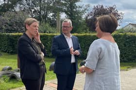 Shadow Domestic Violence Minister MP Jess Phillips with Corby Labour candidate Lee Barron and Pen Green Centre Manager Angela Prodger. Image: NationalWorld