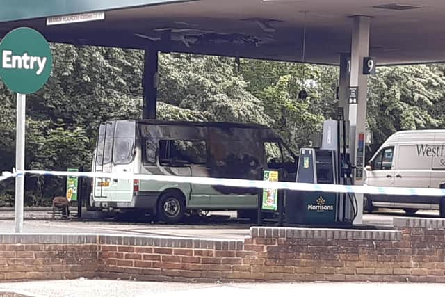 A campervan was destroyed and three fuel pumps were also damaged in the petrol station blaze