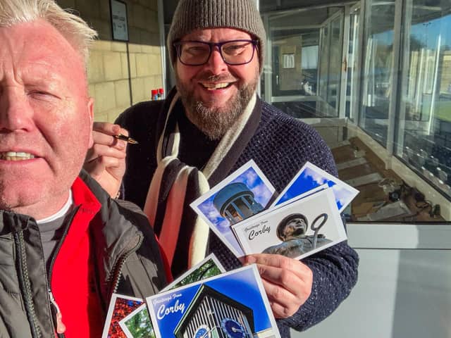 L-r  Jim Darrah and Chuck Middleton with the Corby postcards
