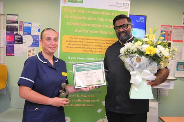 Prof Ganesh Baliah presents the DAISY Award to Emergency Department Nurse Louise Ellicott.