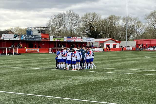 The AFC Rushden & Diamonds players gather together after their 2-2 draw at Tamworth. Picture courtesy of AFC Rushden & Diamonds