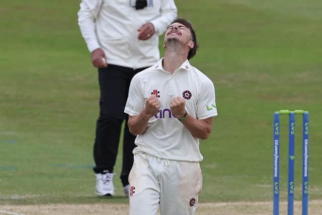 Northants leg-spinner Alex Russell celebrates after taking the wicket of Kent's Wes Agar. Russell finished with a six-wicket haul (Picture: David Rogers/Getty Images)