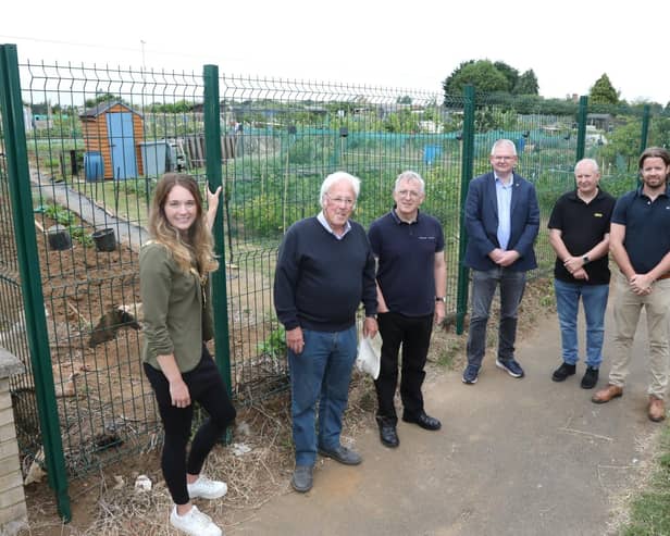 L-r Mayor of Kettering Cllr Emily Fedorowycz, allotment holder George White, Michael Thurland (sec Kettering Allotments Ltd), Cllr Mark Rowley, Cllr Robin Carter, Stuart O'Mahoney (Make Woodworking Ltd)