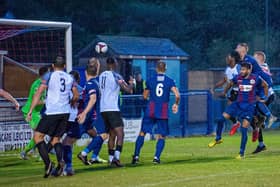 Tsaguim Florian heads home Corby Town's goal in the 1-0 victory at Hinckley Leicester Road. Pictures by Jim Darrah