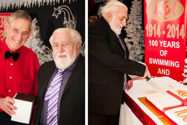 Left, Don receiving a Long Service award from Roger Patrick in 2014, and right, Don cutting KASC's centenary cake.