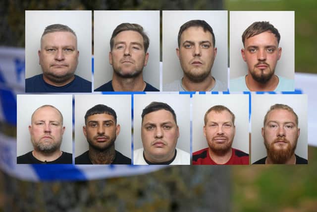 The nine men - out of a 10-strong gang - who were sentenced at Northampton Crown Court today. They are (from top left)  Wayne Toner, Paul Campbell, James Connor,  Connor Sherwood, (from bottom left) Gilbert Stirling, Arron Vidler, Stephen Davidson, David Madden and Darryl Marshall. Not pictured is Malcolm Chapman who is on the run.