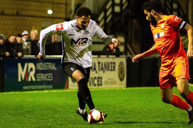 Spencer Edwards in action during Corby Town's 1-1 draw with Rugby Borough last week (Picture: Jim Darrah)