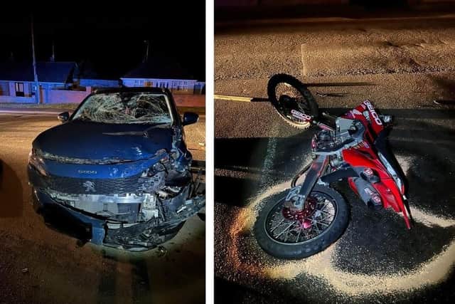 The damage caused to the SUV and the off-road bike in Corby's Studfall Avenue