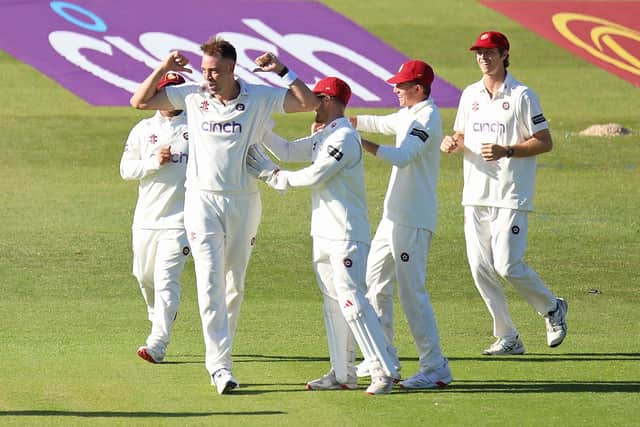 Harry Conway celebrates claiming the wicket of Lancashire skipper Keaton Jennings (Picture: Peter Short)
