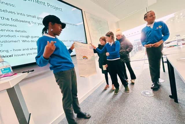 Children from St James Primary School present their business proposal in a Business Management workshop at University of Northampton Ignite Your Future Day.