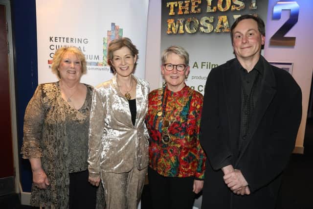 Kettering The Lost Mosaic film premiere l-r Monica Ozdemir, Victoia Wicks, Mayor of Kettering Keli Watts, Charles Lister from Boughton House