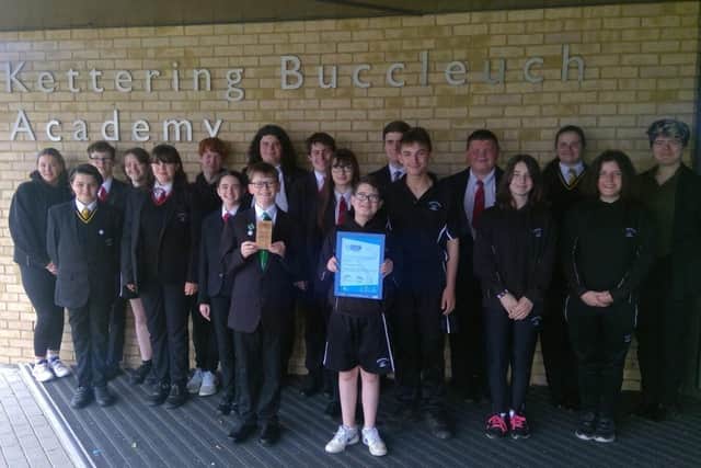 Students at Kettering Buccleuch Academy with their County and Regional active travel awards