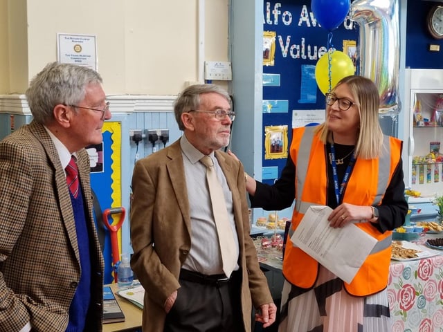 L-r Harry Curtis and John Kidney - former headteachers - with current headteacher Kelly O'Connor