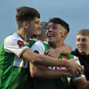 Keaton Ward and Frankie Maguire celebrate after Kettering Town's 3-0 win at Banbury United last weekend. Pictures by Peter Short