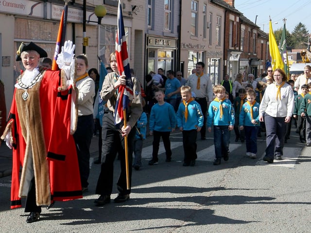 Rushden, St. Georges Day parade: Mayor, Marian Hollomon, leads the scouting groups 2013