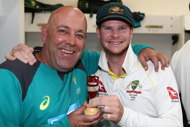 Darren Lehmann celebrates Austrlalia's 2017/18 Ashes win over England with captain Steve Smith (Photo by Ryan Pierse/Getty Images)