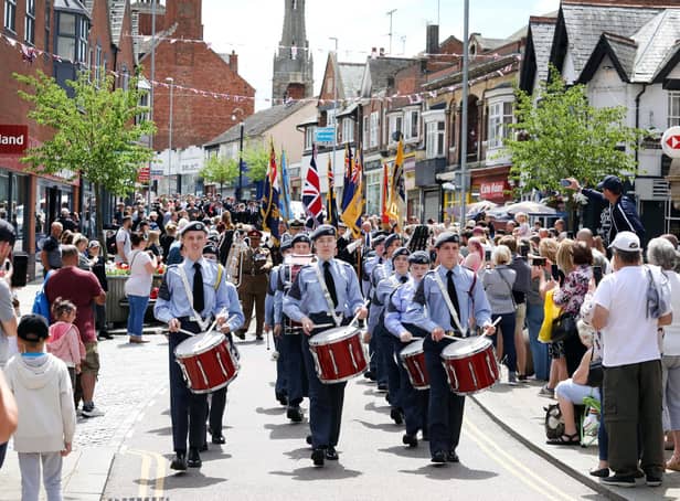 Rushden Armed Forces Day Parade  moves down the High Street