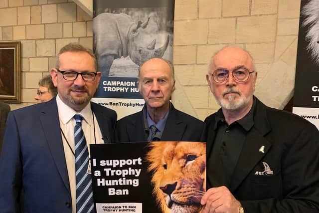 Sir Ranulph Fiennes (centre) with campaign to Ban Trophy Hunting founder Eduardo Goncalves (left) and actor and animal activist Peter Egan (right) - Animal News Agency