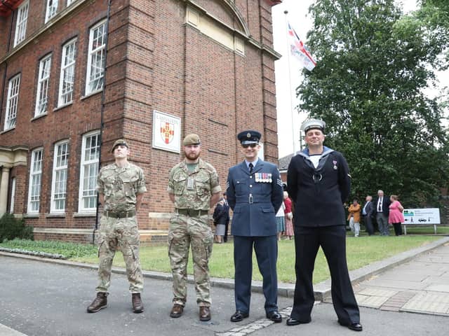 Armed Forces Day flag raising ceremony Kettering  L-r James Cason, Joseph Clifford, Martyn York and Stephen Dunkley
