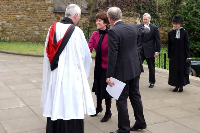 Kettering, St Peter and St Paul Memorial Service  for John, 9th Duke of Buccleuch. 
Guests arrive at the service Rev Dominic Barrington greets the Duke and Duchess of Buccleuch and  the Duke and Duchess of Gloucester
April 2008