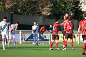 Mickleover celebrate one of their four goals against the Poppies on Saturday (Picture: Peter Short)