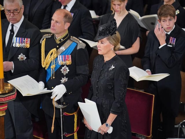 Prince Andrew, Duke of York, Prince Edwards, Earl of Wessex, Sophie, Countess of Wessex and James, Viscount Severn during the State Funeral service at Westminster Abbey