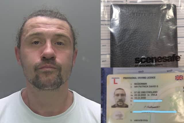 Patrick Muddiman and images of his wallet and licence, which he left at the scene, which have been released by police