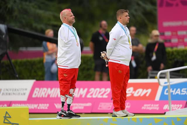Bronze Medallists Craig Bowler and Kieran Rollings pictured during the medal ceremony for the Para Men's Pairs B6-B8 at the Commonwealth Games