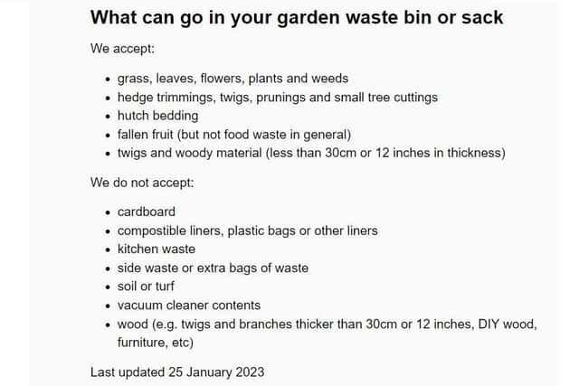 The guidance from NNC about items accepted as garden waste