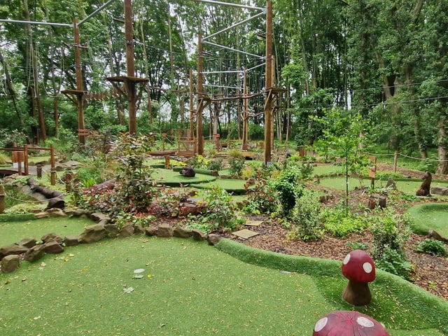 Iron Pits Wood Adventure at the Holiday Inn, Geddington Road Corby. Mini golf and high wire assault course fun. Best days out in north Northamptonshire for bank holidays and trips out with the family/ National World