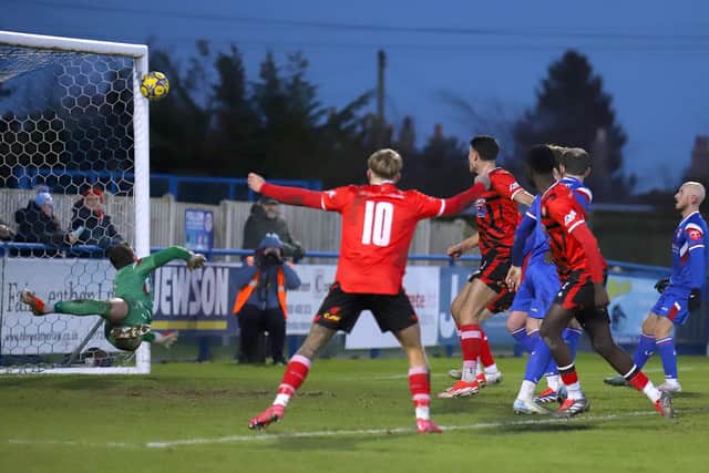 Kettering go close to scoring in their 4-1 defeat at Leiston (Picture: Peter Short)