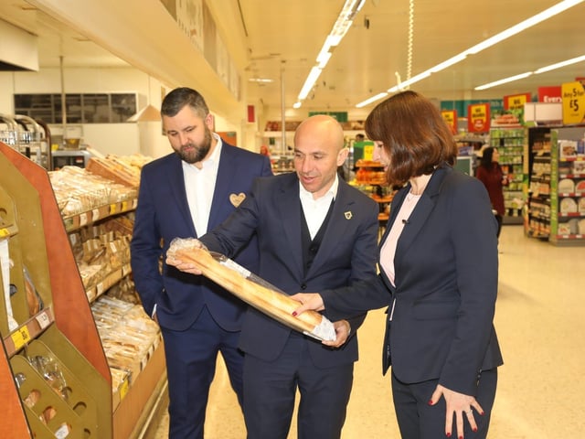 Rachel Reeves Shadow Chancellor visits Kettering Morrisons and Cheaney Shoes in Desborough with her sister Ellie Reeves and candidate Rosie Wrighting:Rachel Reeves in Kettering and Desborough