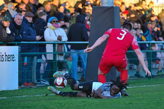 Match action in the derby between Stamford and Corby Town