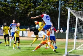Evangelos-Nikalaos Empochontsif was off target with this header in Diamonds' goalless draw with Needham Market. Pictures courtesy of Hawkins Images