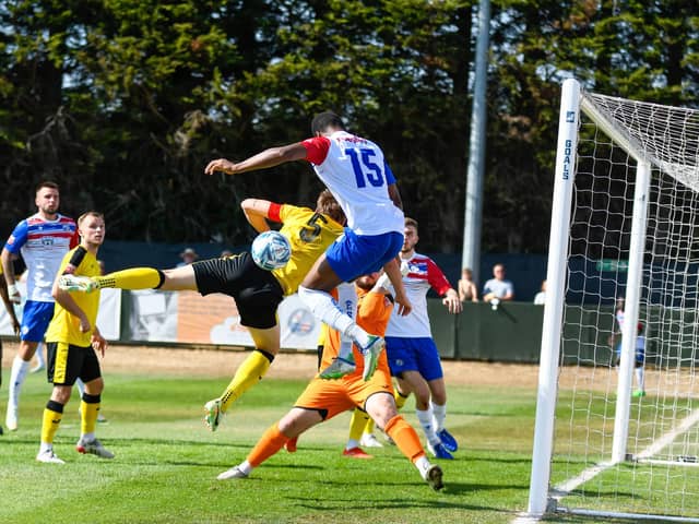Evangelos-Nikalaos Empochontsif was off target with this header in Diamonds' goalless draw with Needham Market. Pictures courtesy of Hawkins Images