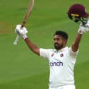 Karun Nair celebrates reaching his century during day two of the LV= Insurance County Championship Division One match between Surrey and Northamptonshire at The Kia Oval (Picture: Ben Hoskins/Getty Images for Surrey CCC)