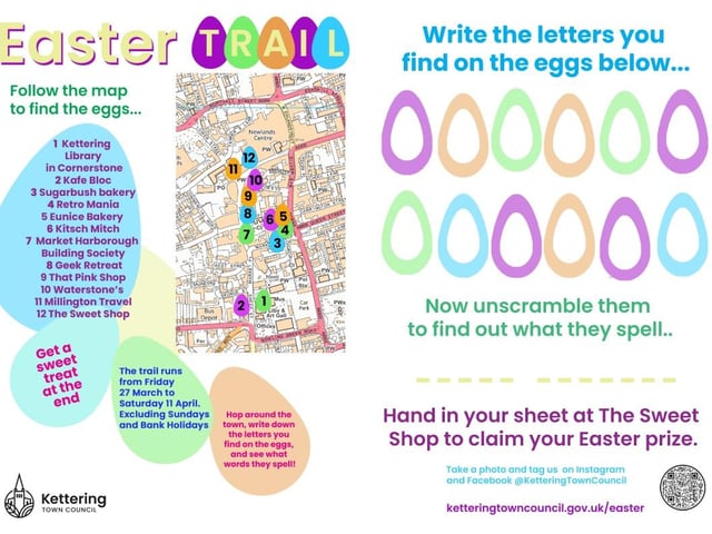 Follow the Easter Trail through Kettering this holiday. It is organised by Kettering Town Council, and running from Friday, March 27, to Saturday, April 11 (excluding Sundays and Bank Holidays), from 10am to 5pm Come and take part in the free trail for children around the town this Easter! Grab a trail sheet from the library and follow the clues to crack the code. There's a free sweet treat at the end if you can solve the puzzle. https://www.ketteringtowncouncil.gov.uk/easter