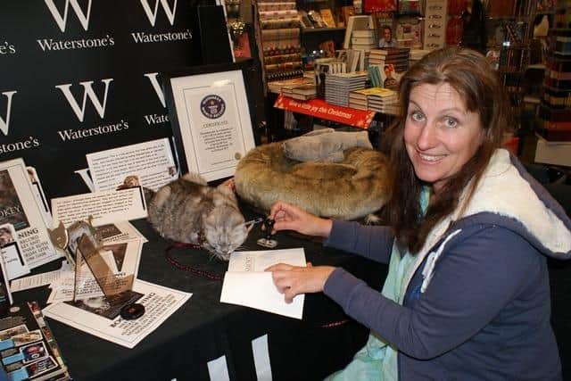 Smokey and his owner, Ruth, at book signing in Waterstone's Northampton.