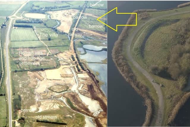 Stanwick Lakes before the gravel extraction (left) and the barrow (right)