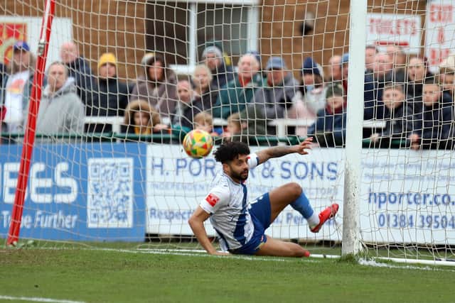Buno Andrade fires Kettering into the lead at Stourbridge (Picture: Peter Short)