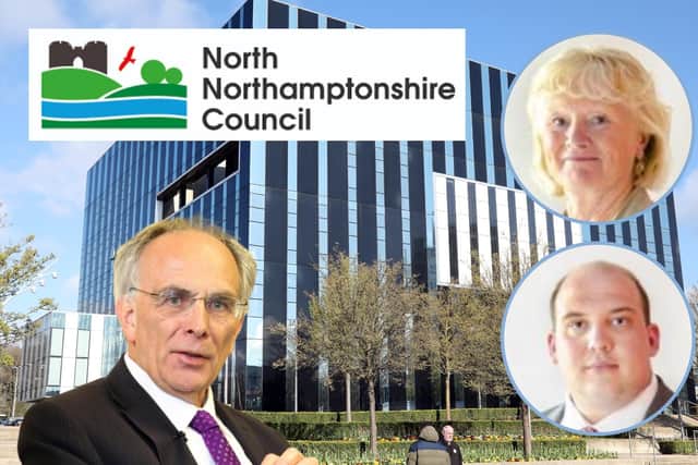 Cllr Anslow (top right) and Cllr Keane (bottom right) wanted to propose a motion to be debated by NNC that asks for the resignation of Peter Bone MP for Wellingborough (bottom left)